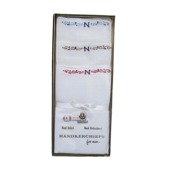 3 NIB Towncraft VTG Handkerchiefs Hand Rolled Embroidered Cotton "N" Rockabilly - Picture 5 of 5